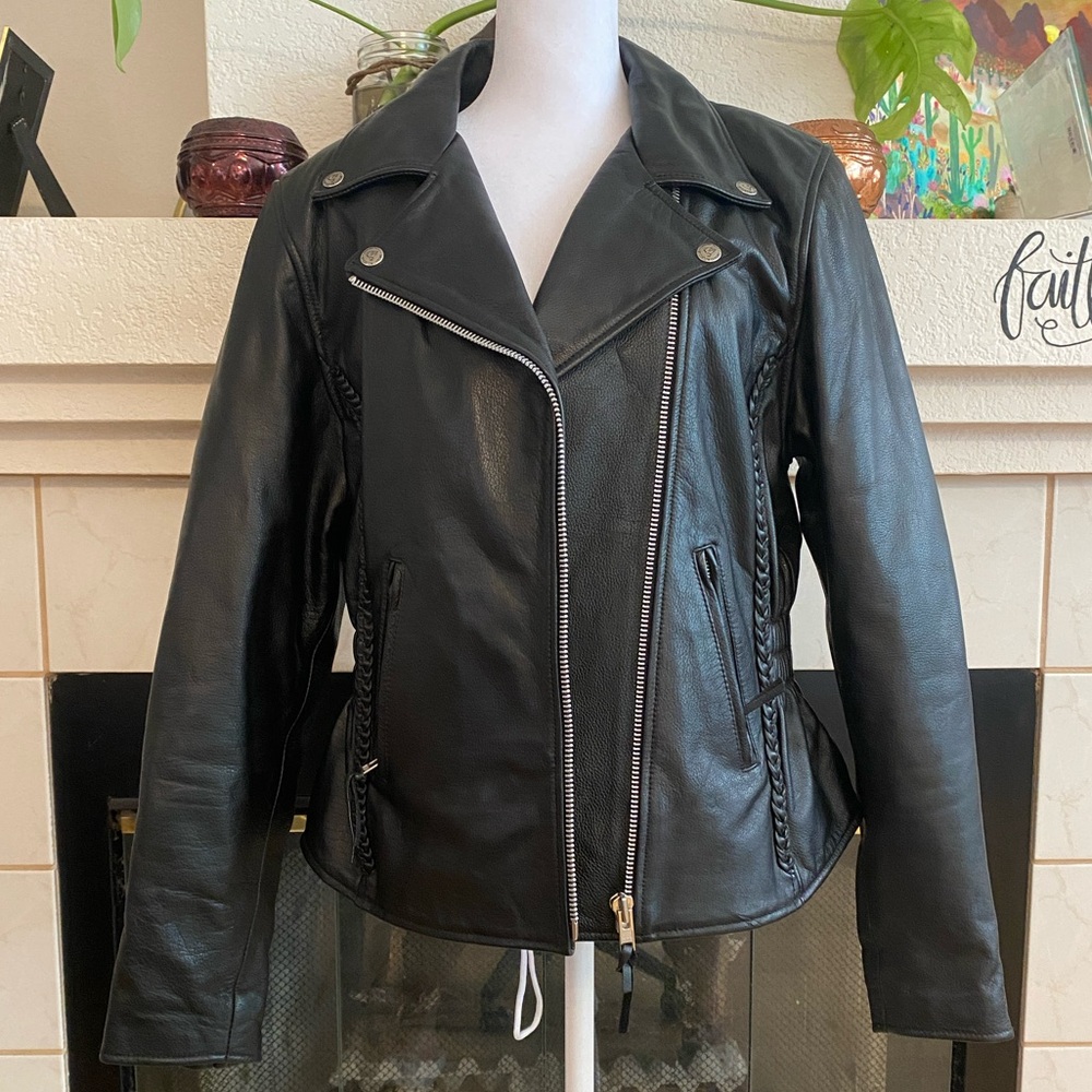 Chrome Gear Women's Biker Riding Gear Leather Jacket, Silver Hardware, Blk,Large